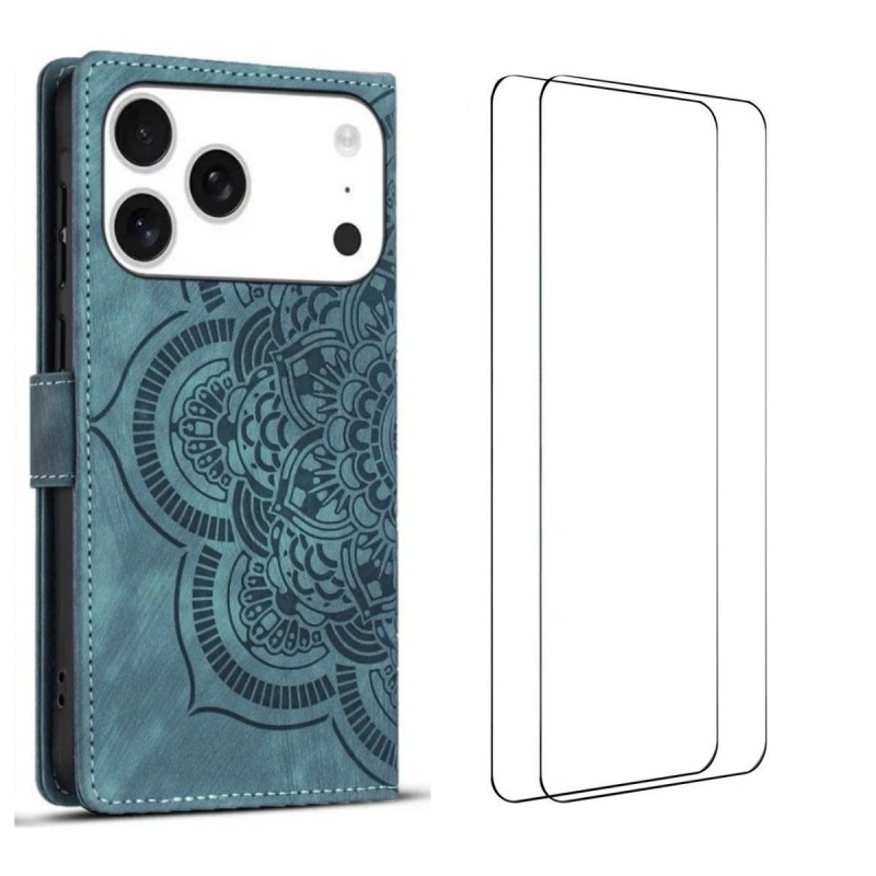 For iPhone 17 Pro Max Case with 2Pcs Tempered Glass WANLONFENG MTL Series Mandala Leather Phone Cover - Blue