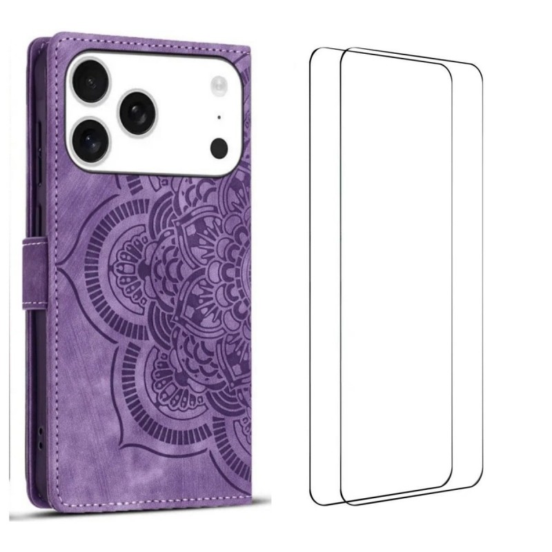 For iPhone 17 Pro Max Case with 2Pcs Tempered Glass WANLONFENG MTL Series Mandala Leather Phone Cover - Purple