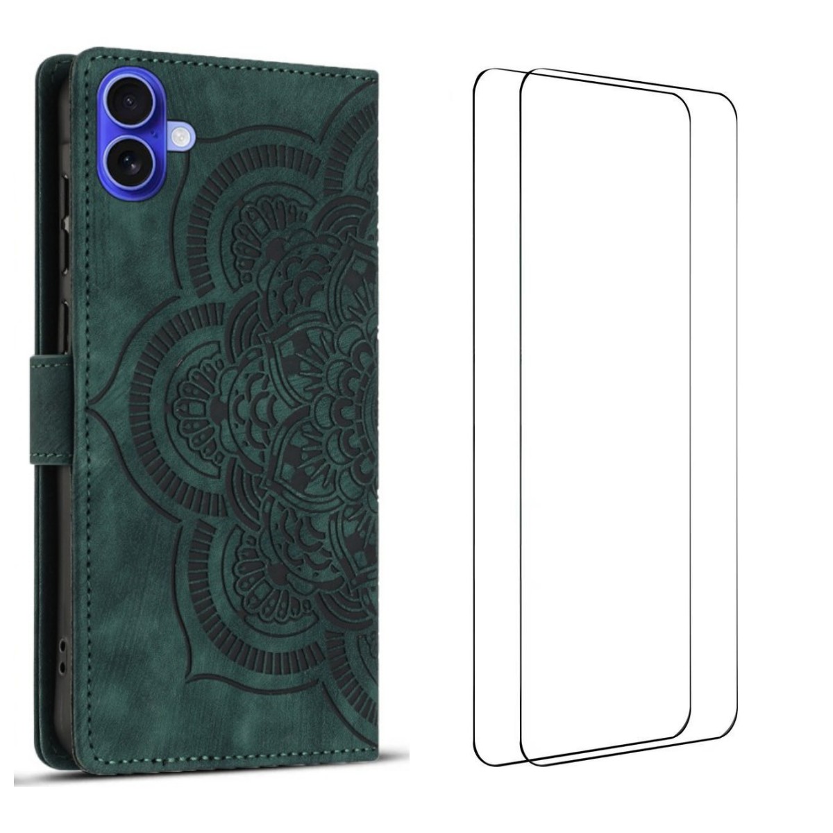 For iPhone 17 Case with 2Pcs Tempered Glass WANLONFENG MTL Series Mandala Leather Phone Cover - Midnight Green