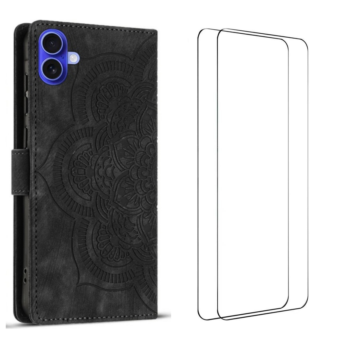 For iPhone 17 Case with 2Pcs Tempered Glass WANLONFENG MTL Series Mandala Leather Phone Cover - Black
