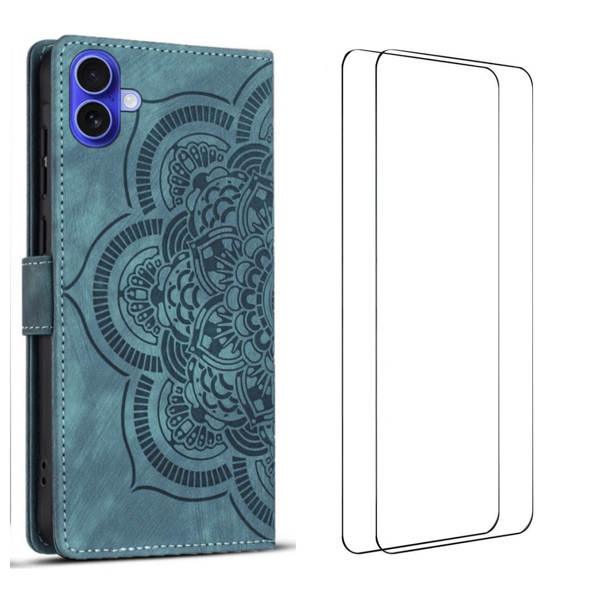For iPhone 17 Case with 2Pcs Tempered Glass WANLONFENG MTL Series Mandala Leather Phone Cover - Blue