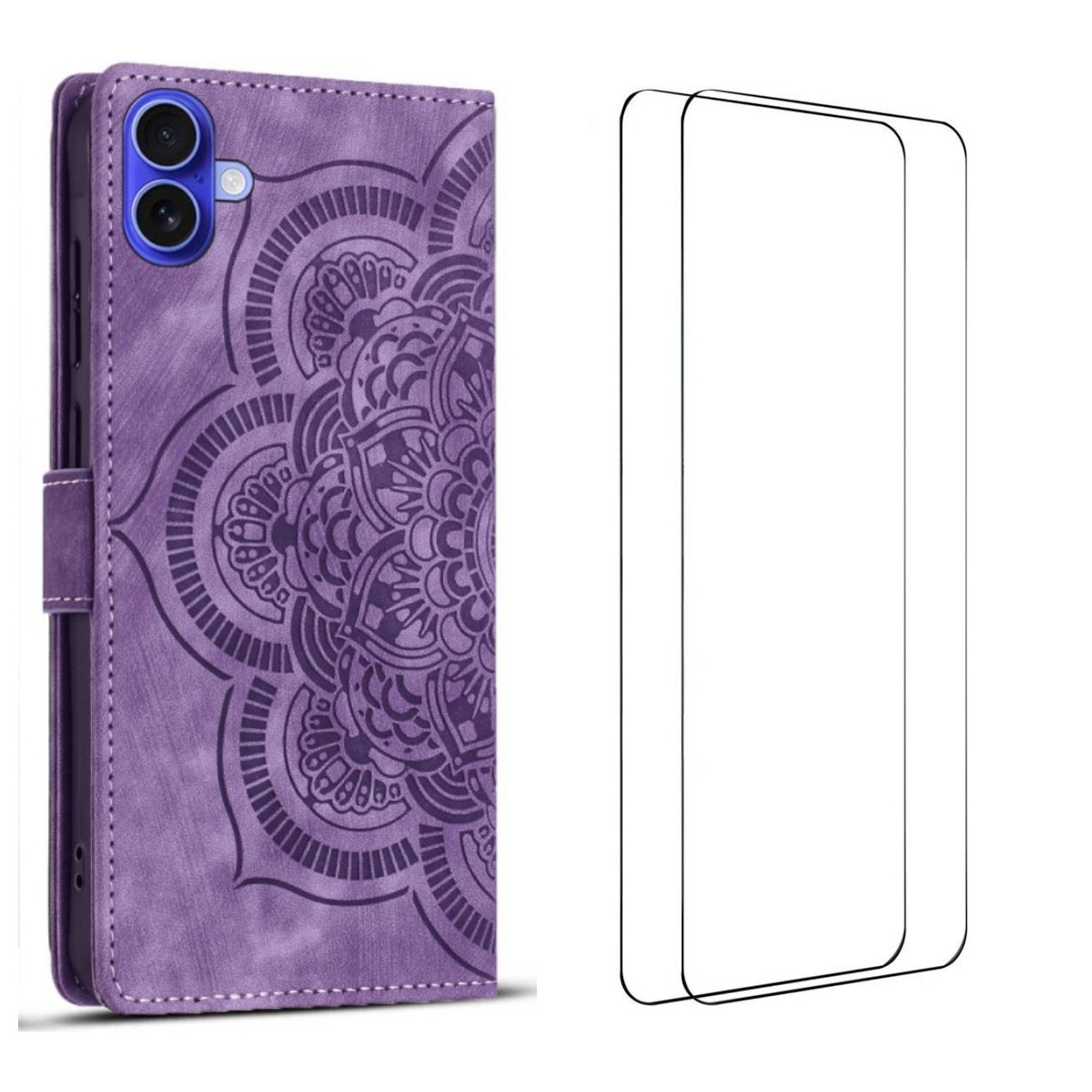 For iPhone 17 Case with 2Pcs Tempered Glass WANLONFENG MTL Series Mandala Leather Phone Cover - Purple
