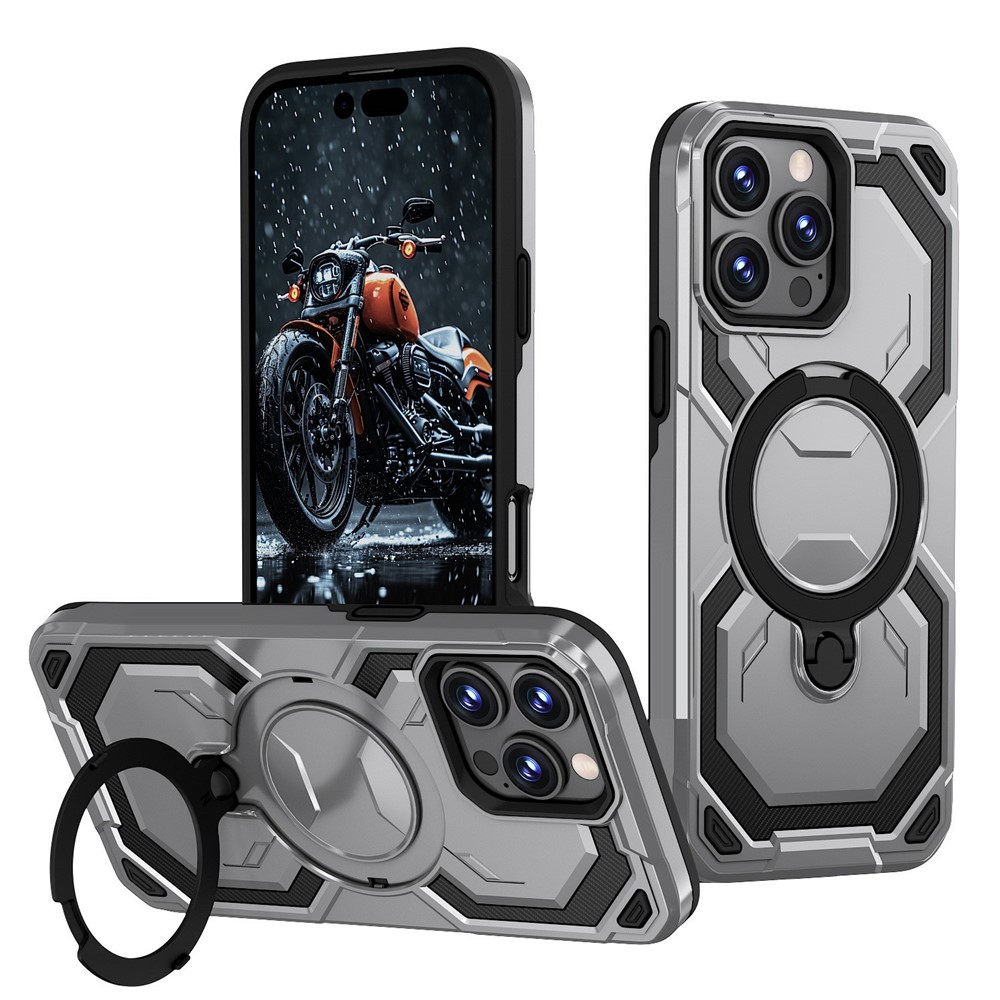 Bulk Purchasing For iPhone 15 Pro Max Case Rotating Kickstand TPU + PC Anti-drop Phone Cover - Grey