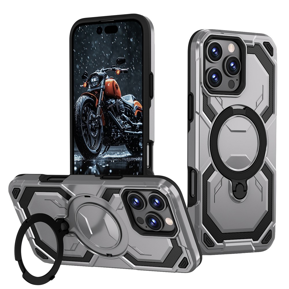 Bulk Purchasing For iPhone 16 Pro Case Rotating Kickstand TPU + PC Anti-drop Phone Cover - Grey