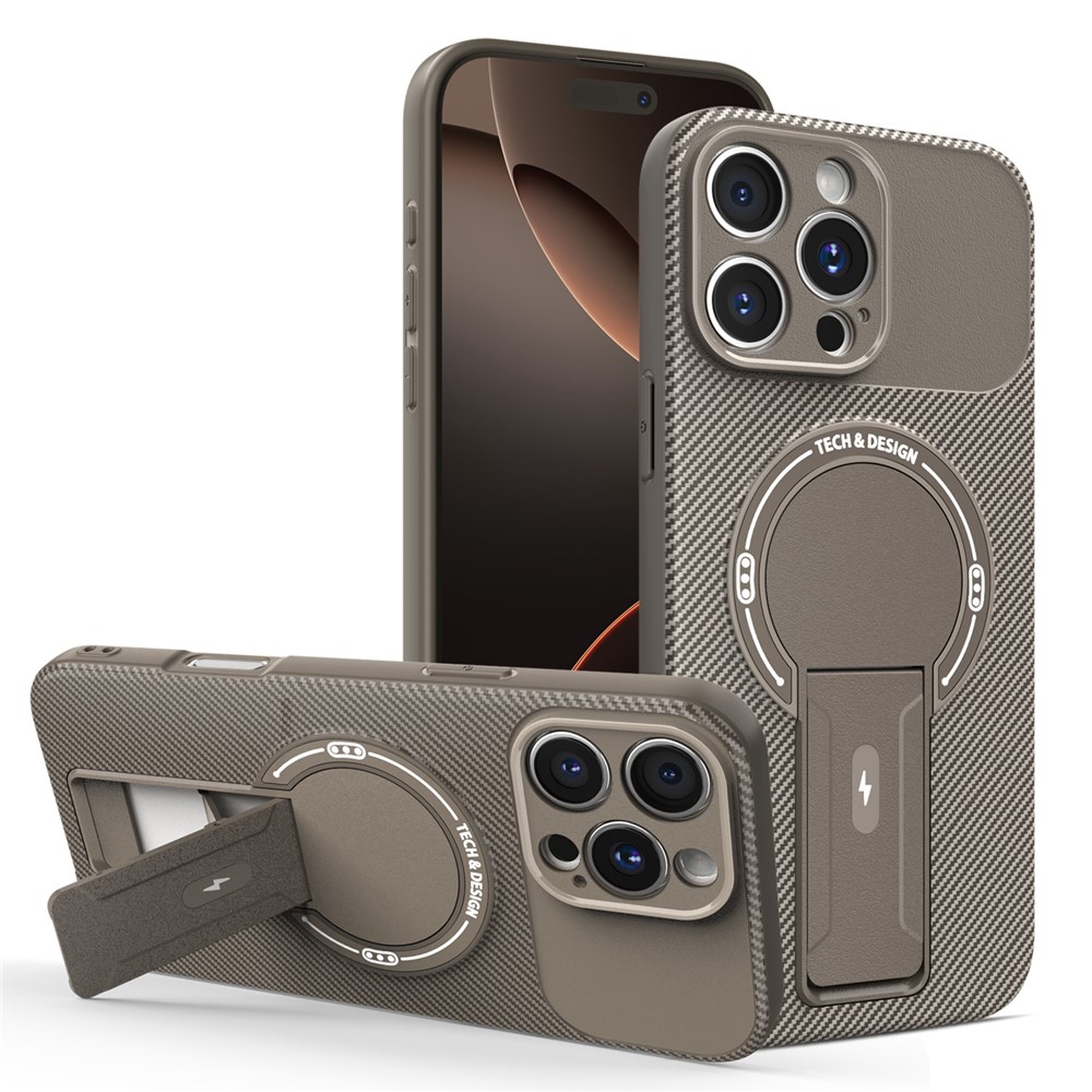 For iPhone 16 Pro Max Case with Kickstand Carbon Fiber Texture PC + TPU Phone Cover - Brown
