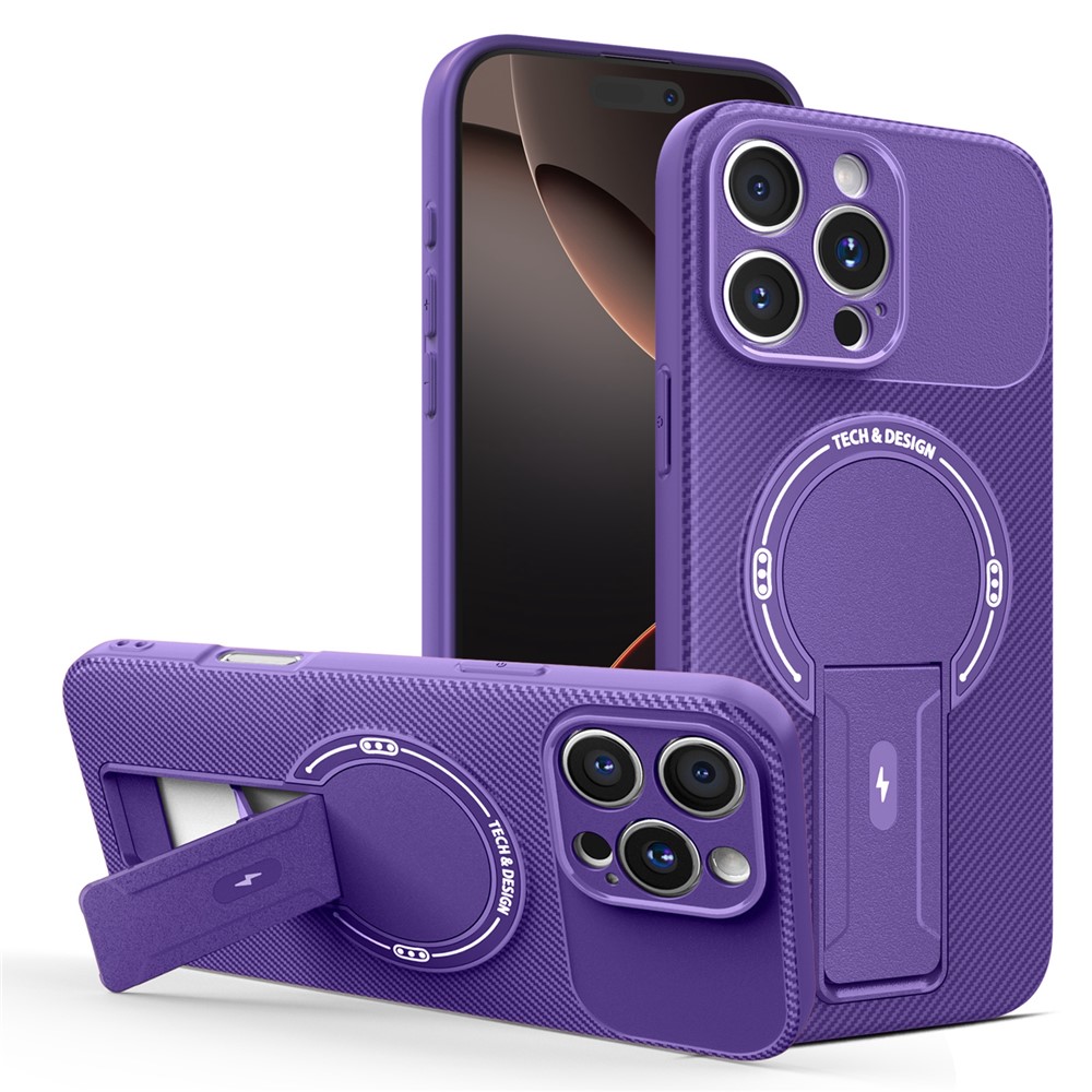 For iPhone 16 Pro Max Case with Kickstand Carbon Fiber Texture PC + TPU Phone Cover - Purple