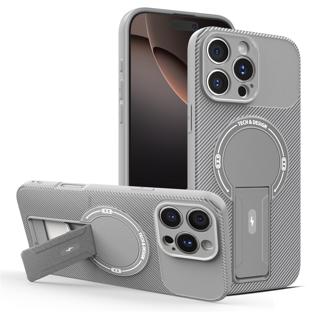 For iPhone 16 Pro Max Case with Kickstand Carbon Fiber Texture PC + TPU Phone Cover - Grey