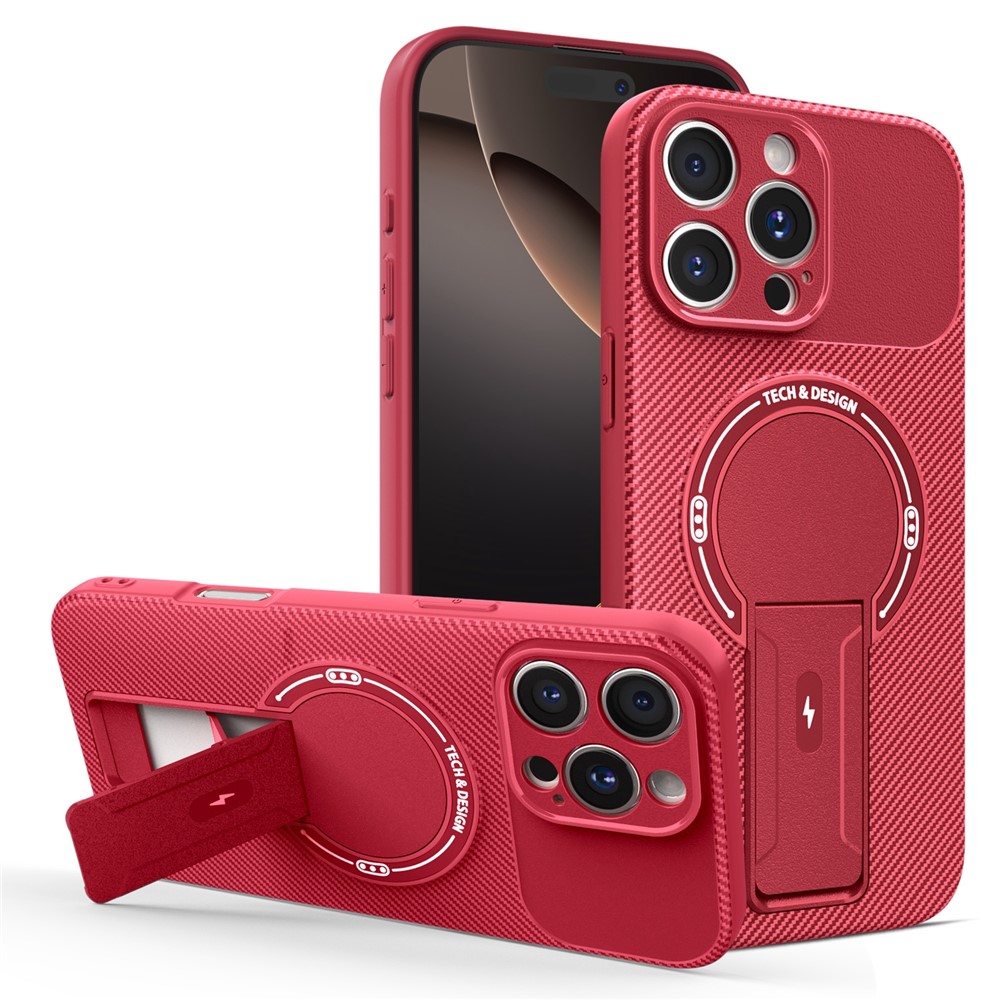 For iPhone 16 Pro Max Case with Kickstand Carbon Fiber Texture PC + TPU Phone Cover - Red