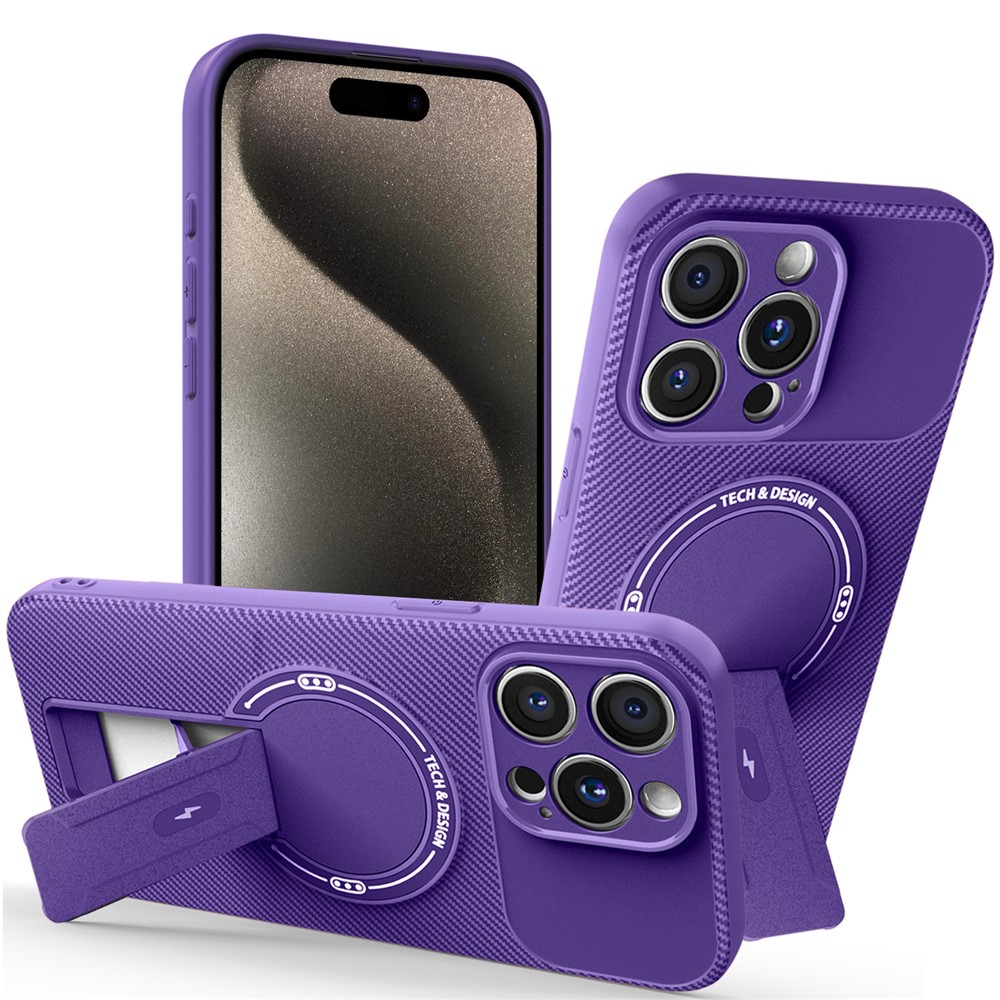 For iPhone 15 Pro Max Case with Kickstand Carbon Fiber Texture PC + TPU Phone Cover - Purple