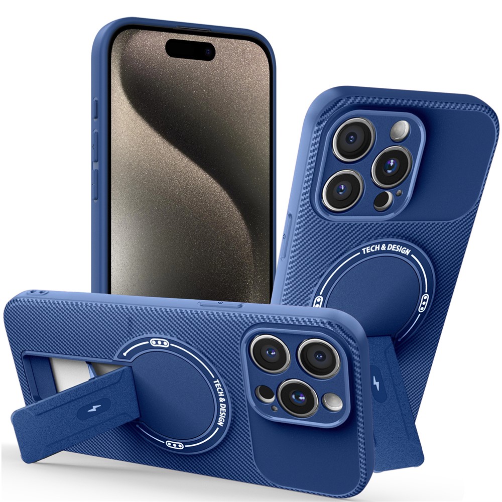 For iPhone 15 Pro Max Case with Kickstand Carbon Fiber Texture PC + TPU Phone Cover - Blue