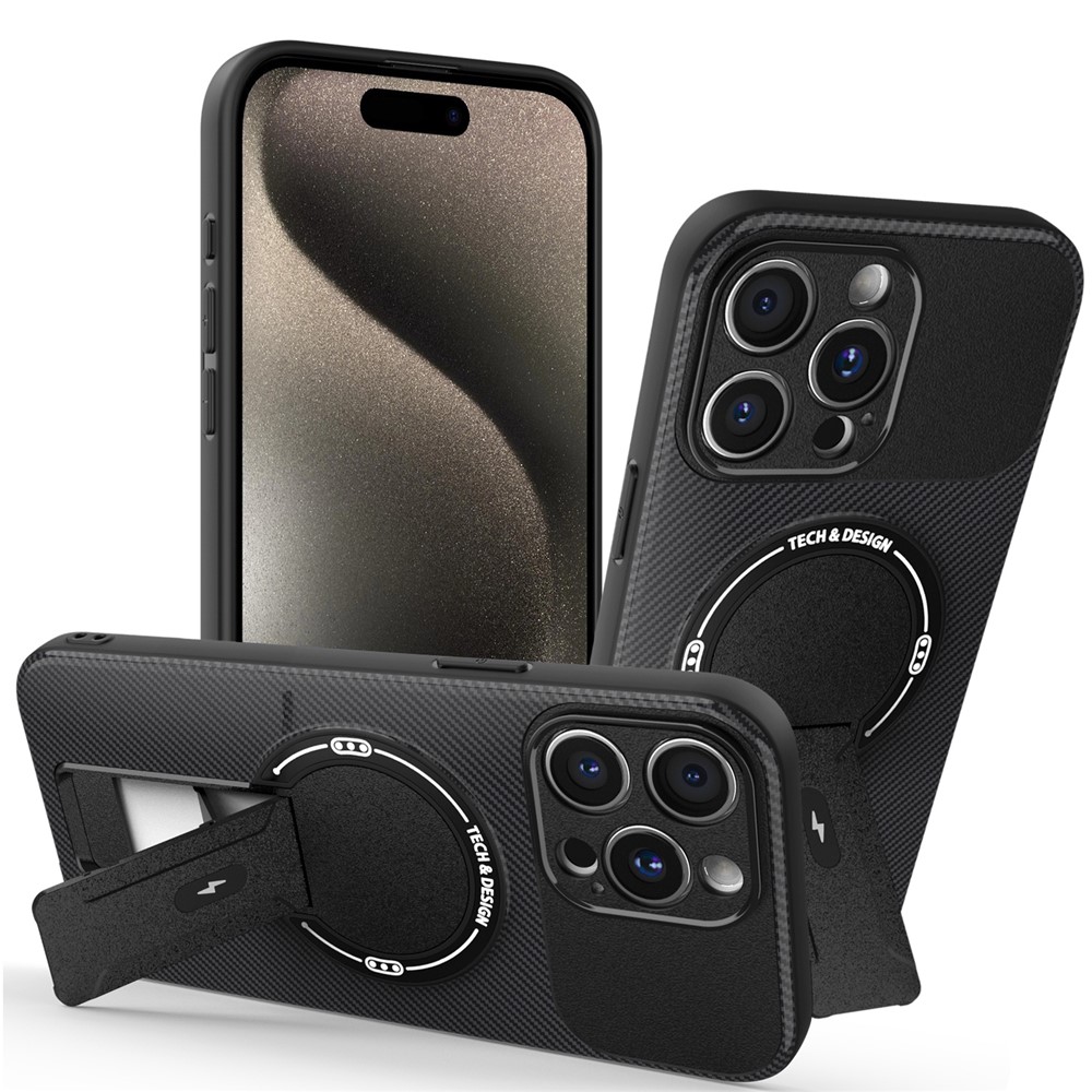 For iPhone 15 Pro Case with Kickstand Carbon Fiber Texture PC + TPU Phone Cover - Black