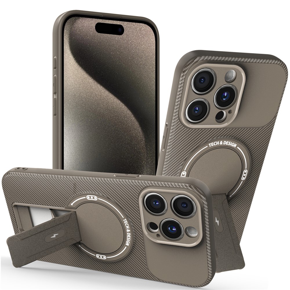 For iPhone 15 Pro Case with Kickstand Carbon Fiber Texture PC + TPU Phone Cover - Brown
