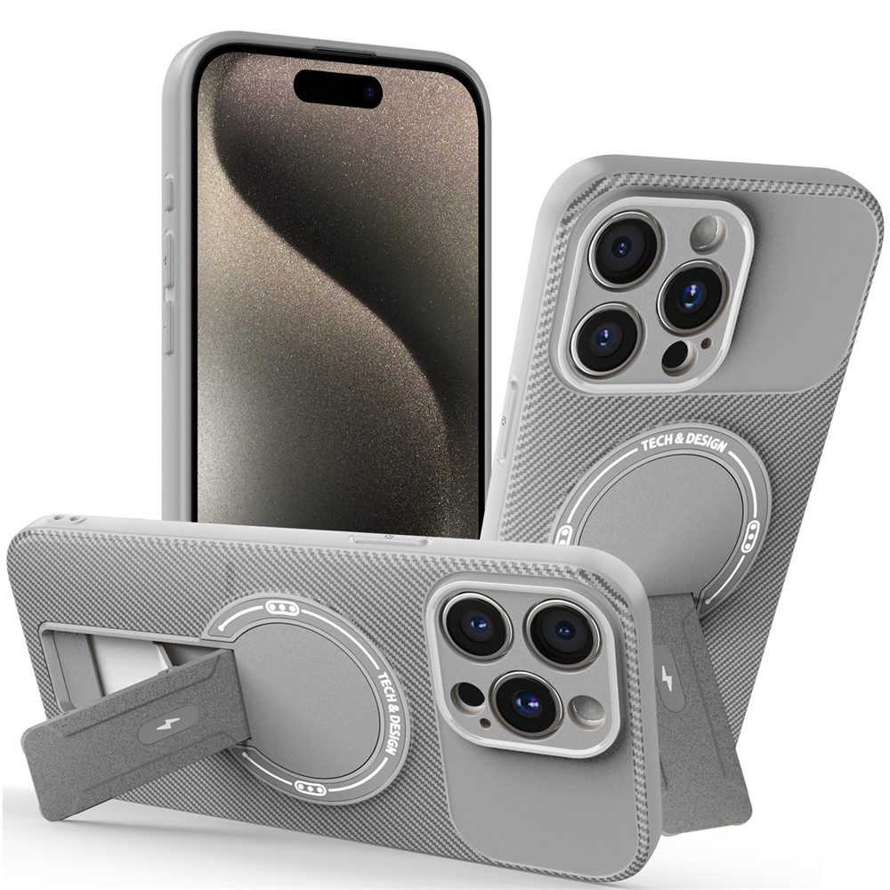 For iPhone 15 Pro Case with Kickstand Carbon Fiber Texture PC + TPU Phone Cover - Grey