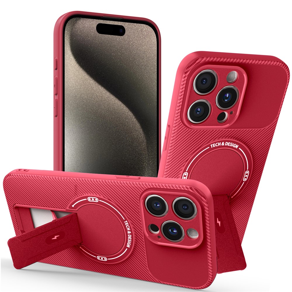 For iPhone 15 Pro Case with Kickstand Carbon Fiber Texture PC + TPU Phone Cover - Red