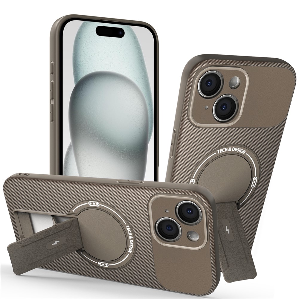 For iPhone 15 Case with Kickstand Carbon Fiber Texture PC + TPU Phone Cover - Brown