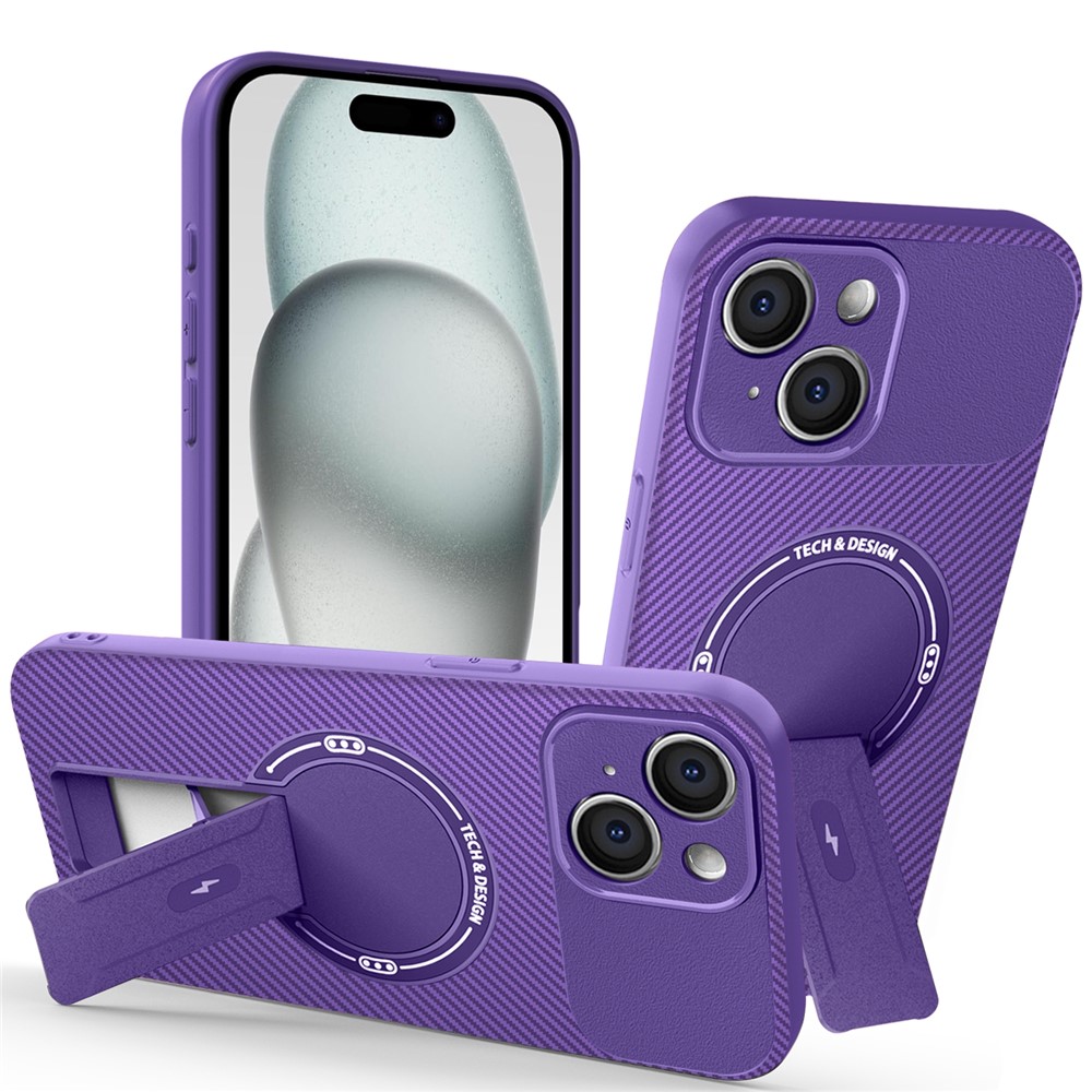 For iPhone 15 Case with Kickstand Carbon Fiber Texture PC + TPU Phone Cover - Purple