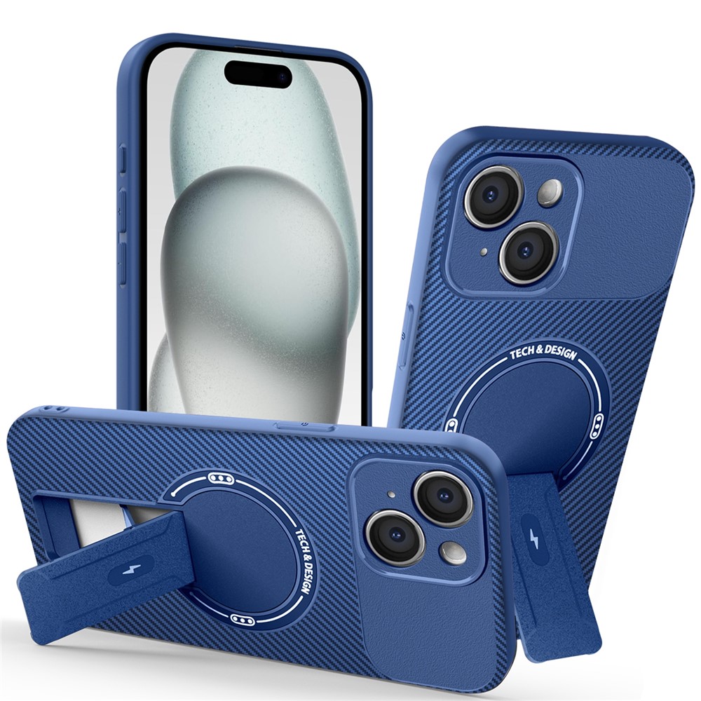 For iPhone 15 Case with Kickstand Carbon Fiber Texture PC + TPU Phone Cover - Blue