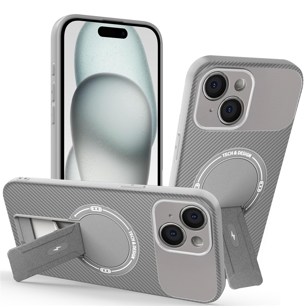 For iPhone 15 Case with Kickstand Carbon Fiber Texture PC + TPU Phone Cover - Grey