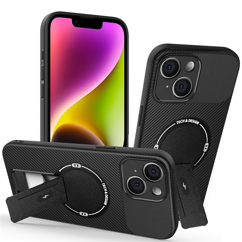 For iPhone 14 Case with Kickstand Carbon Fiber Texture PC + TPU Phone Cover - Black