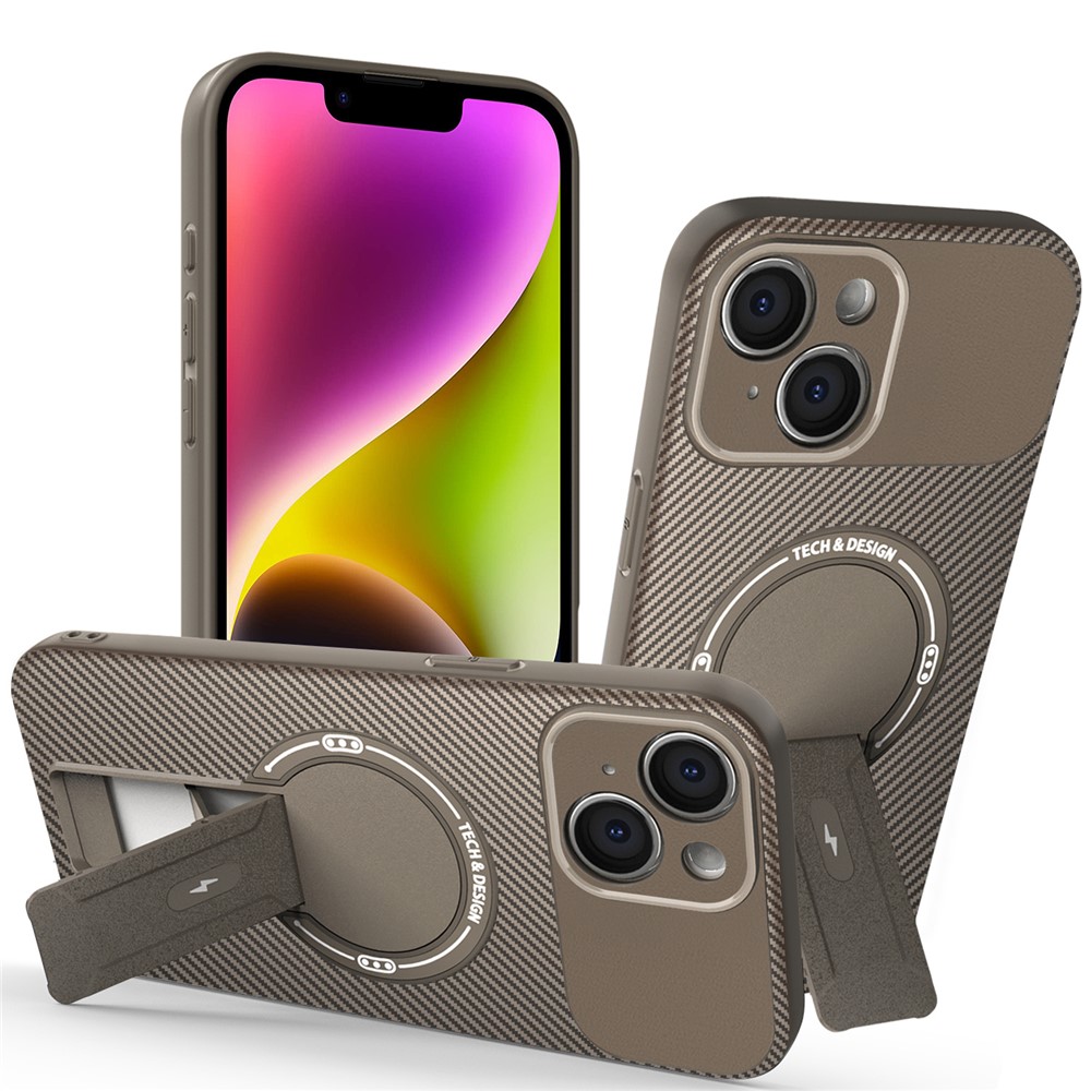 For iPhone 14 Case with Kickstand Carbon Fiber Texture PC + TPU Phone Cover - Brown