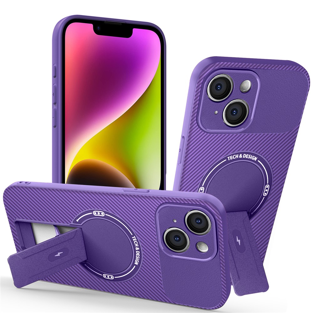 For iPhone 14 Case with Kickstand Carbon Fiber Texture PC + TPU Phone Cover - Purple