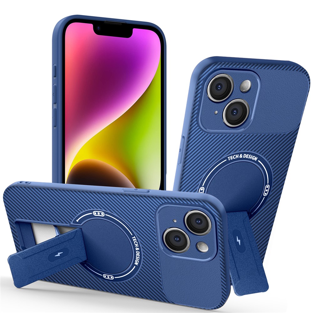 For iPhone 14 Case with Kickstand Carbon Fiber Texture PC + TPU Phone Cover - Blue