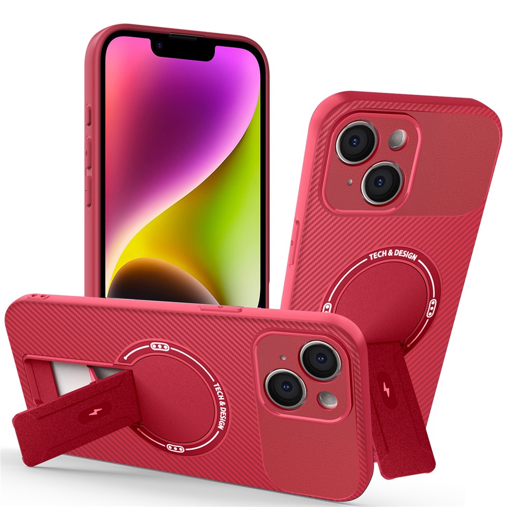 For iPhone 14 Case with Kickstand Carbon Fiber Texture PC + TPU Phone Cover - Red