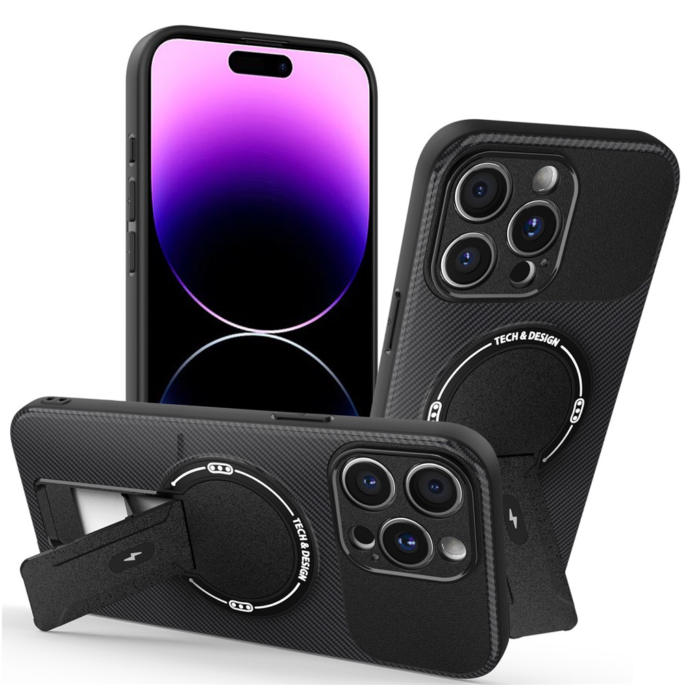 For iPhone 14 Pro Max Case with Kickstand Carbon Fiber Texture PC + TPU Phone Cover - Black