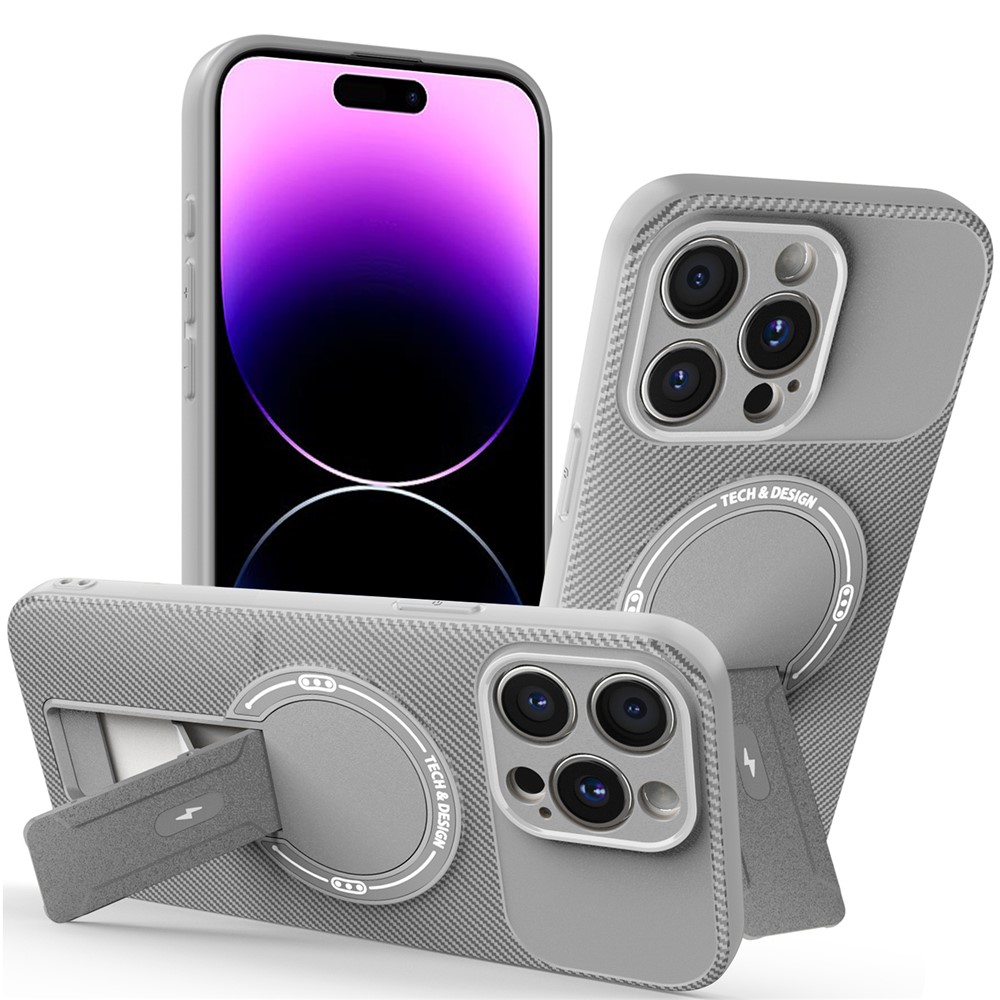 For iPhone 14 Pro Max Case with Kickstand Carbon Fiber Texture PC + TPU Phone Cover - Grey