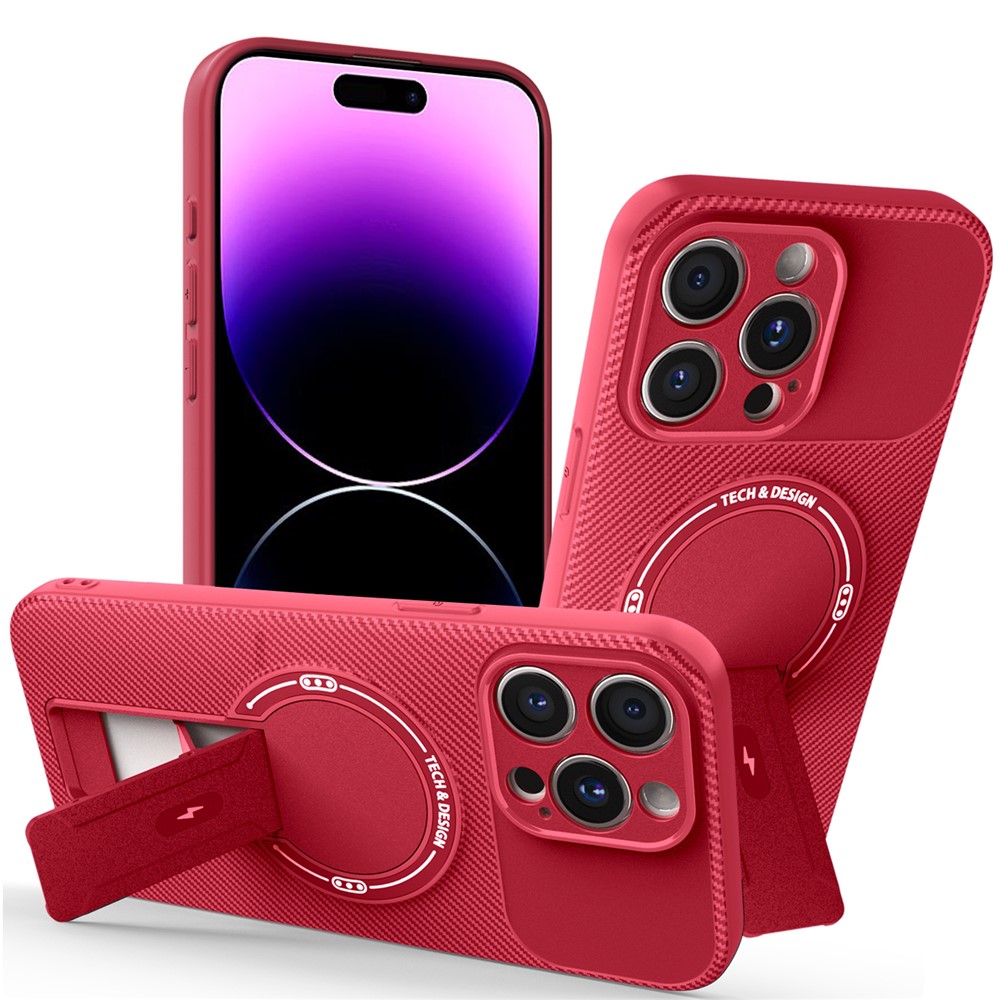 For iPhone 14 Pro Max Case with Kickstand Carbon Fiber Texture PC + TPU Phone Cover - Red