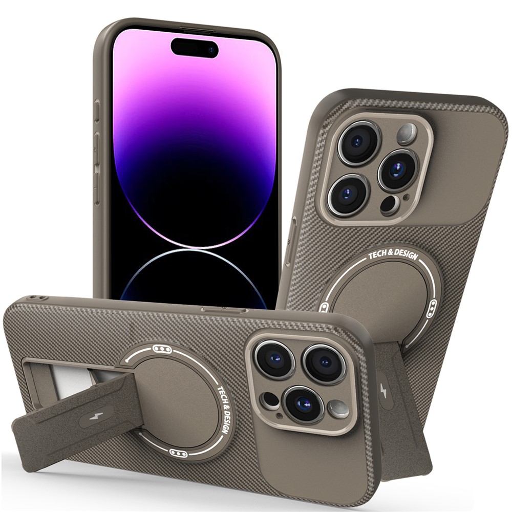 For iPhone 14 Pro Case with Kickstand Carbon Fiber Texture PC + TPU Phone Cover - Brown