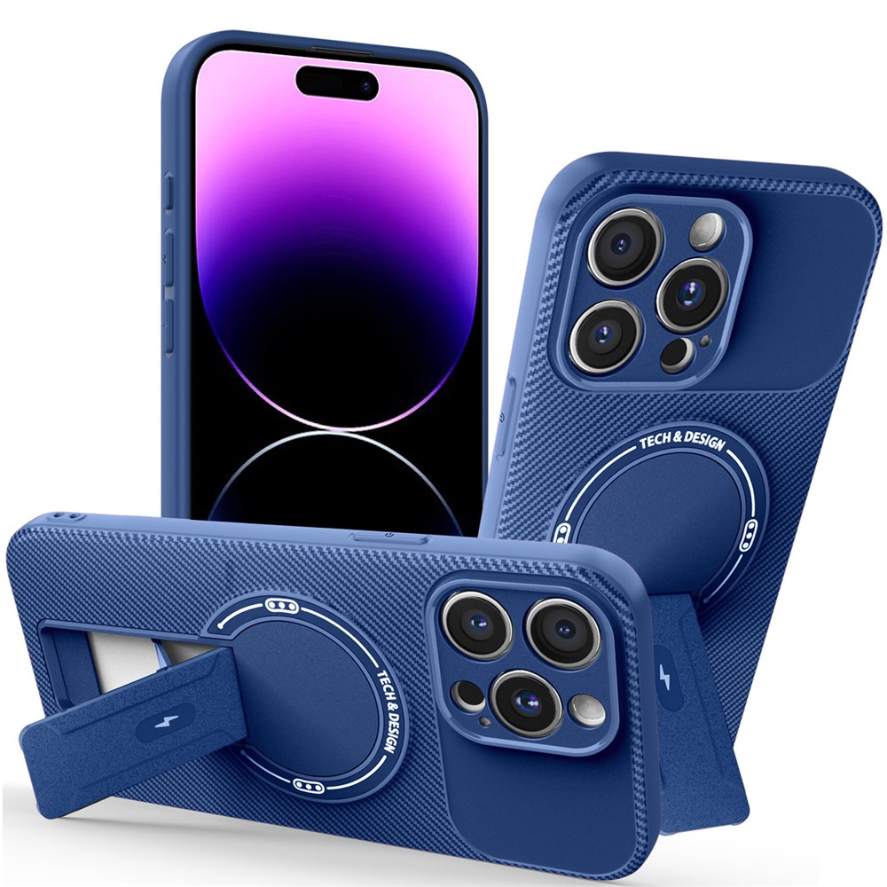 For iPhone 14 Pro Case with Kickstand Carbon Fiber Texture PC + TPU Phone Cover - Blue