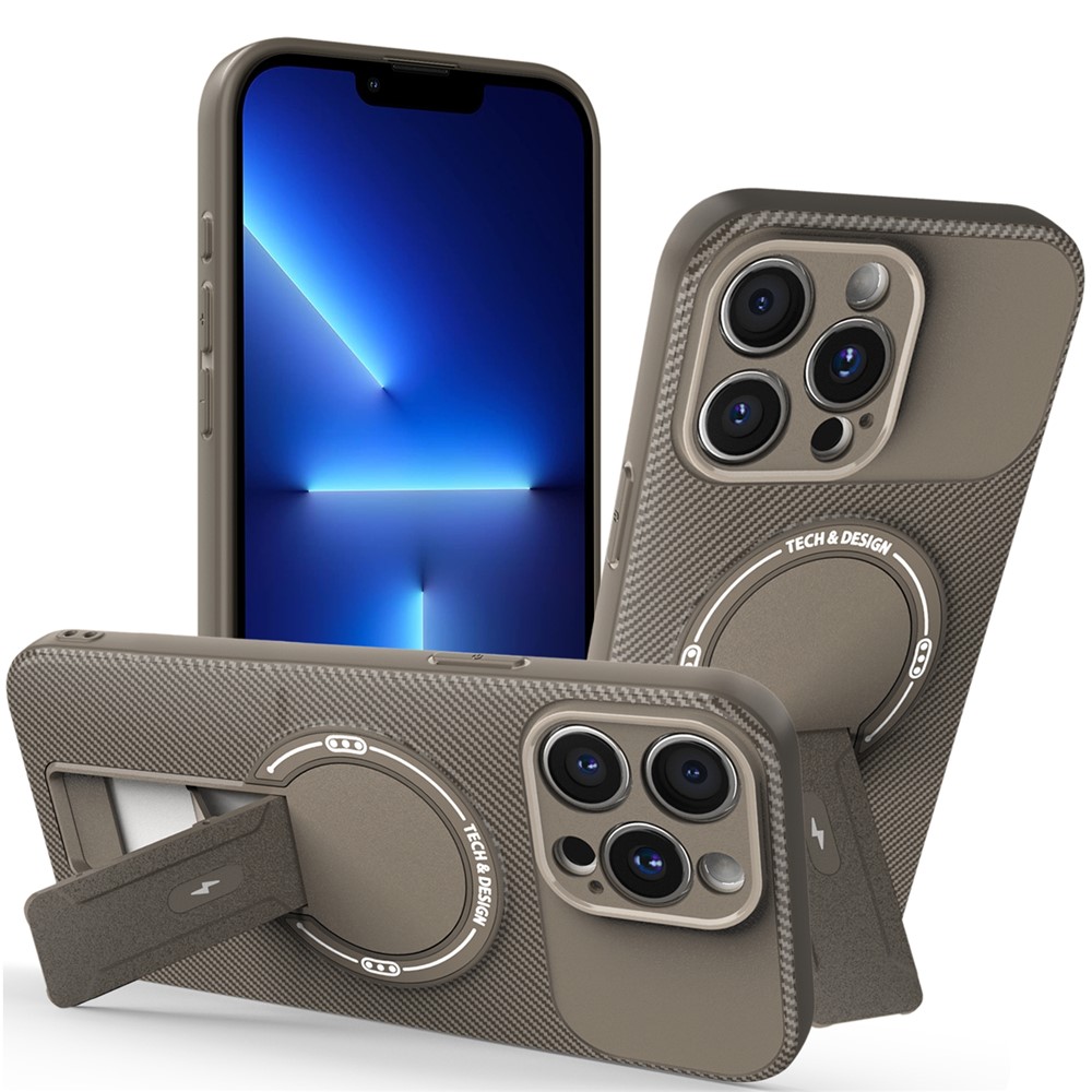 For iPhone 13 Pro Max Case with Kickstand Carbon Fiber Texture PC + TPU Phone Cover - Brown