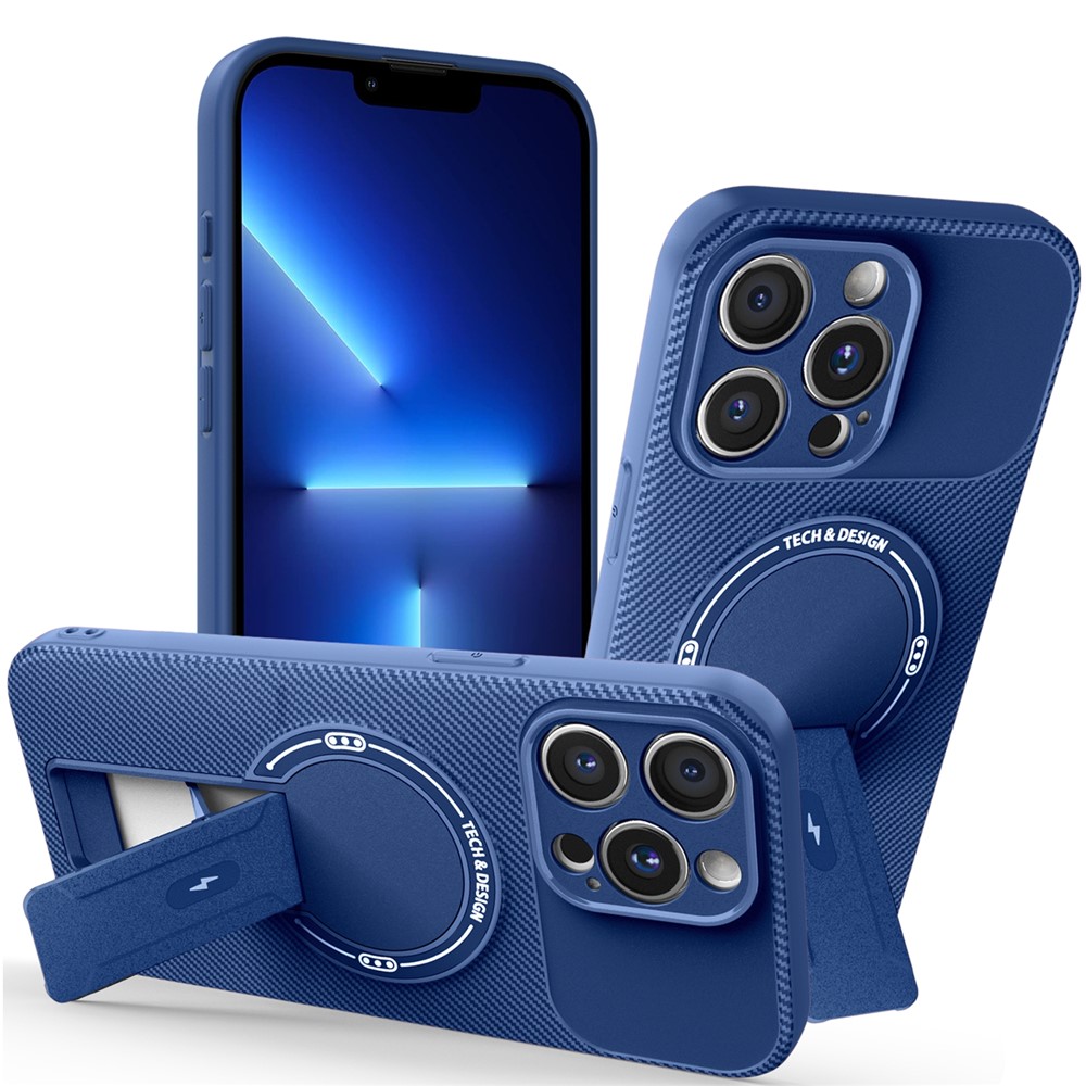 For iPhone 13 Pro Max Case with Kickstand Carbon Fiber Texture PC + TPU Phone Cover - Blue