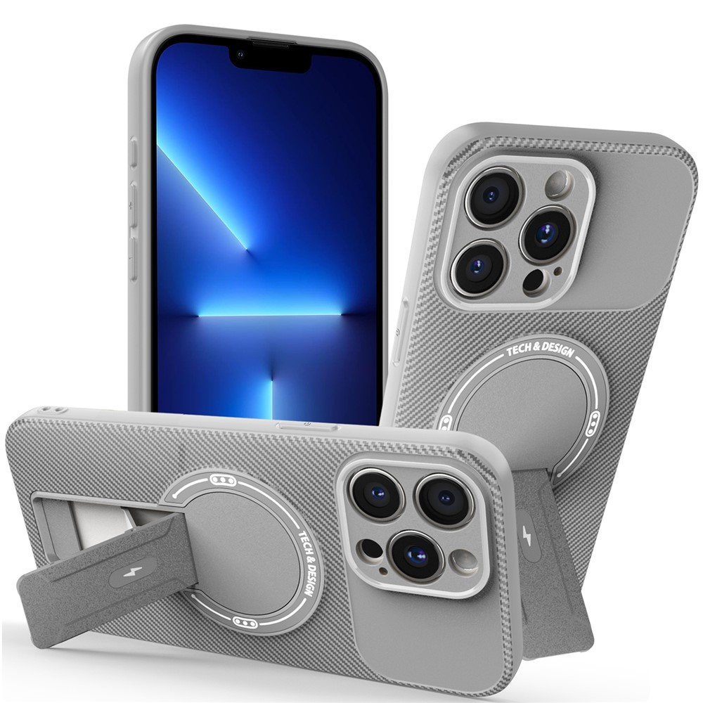 For iPhone 13 Pro Max Case with Kickstand Carbon Fiber Texture PC + TPU Phone Cover - Grey