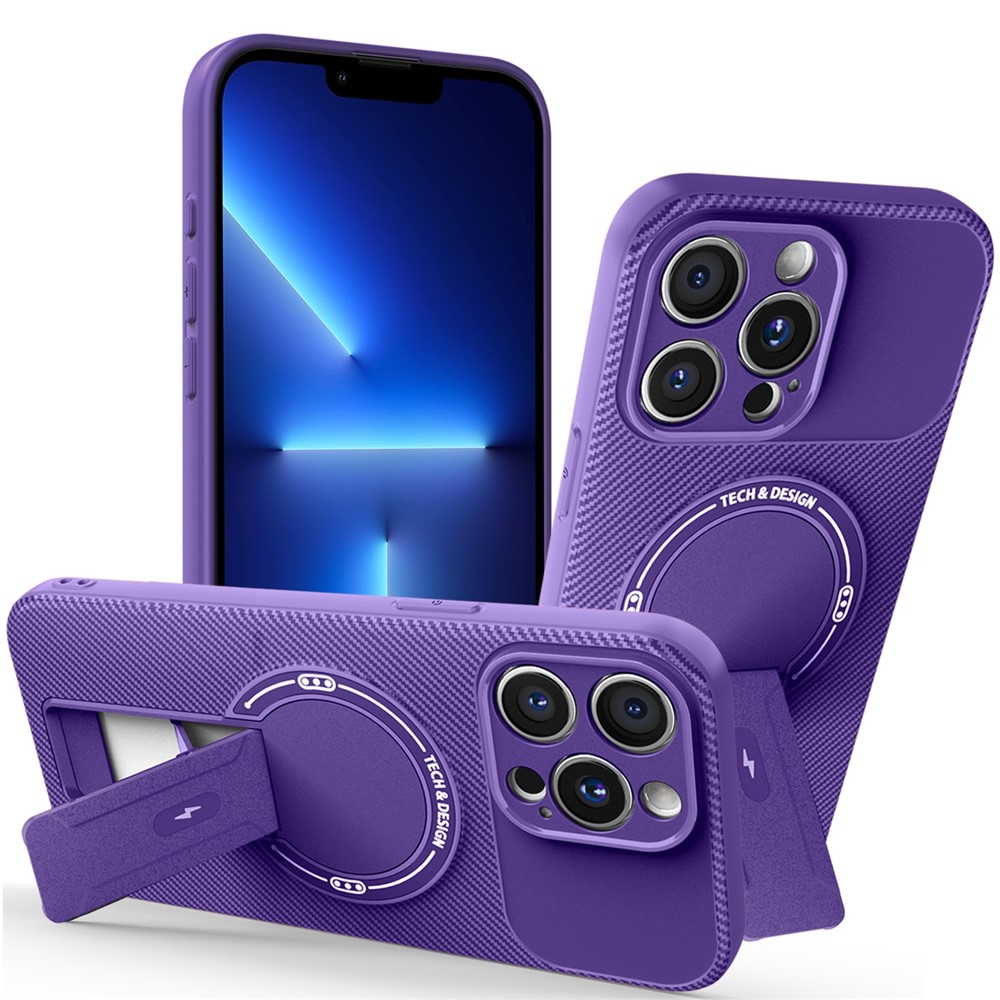 For iPhone 13 Pro Case with Kickstand Carbon Fiber Texture PC + TPU Phone Cover - Purple