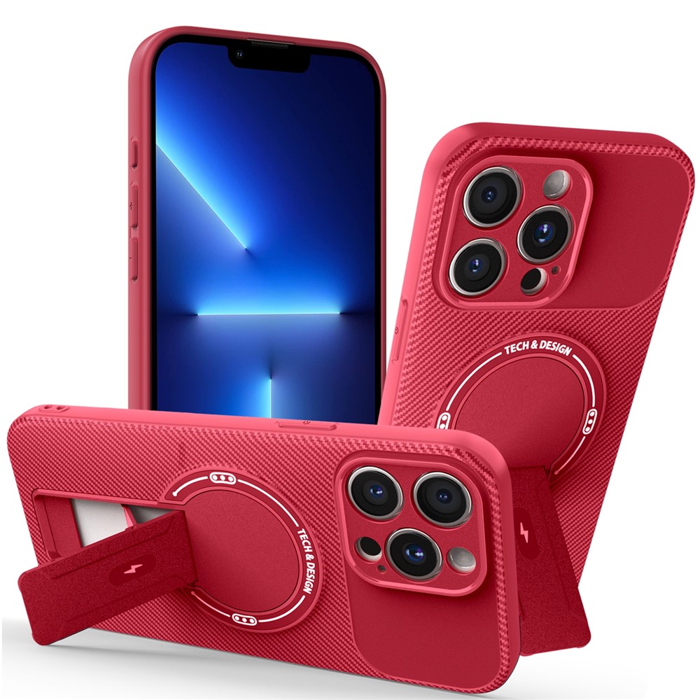 For iPhone 13 Pro Case with Kickstand Carbon Fiber Texture PC + TPU Phone Cover - Red