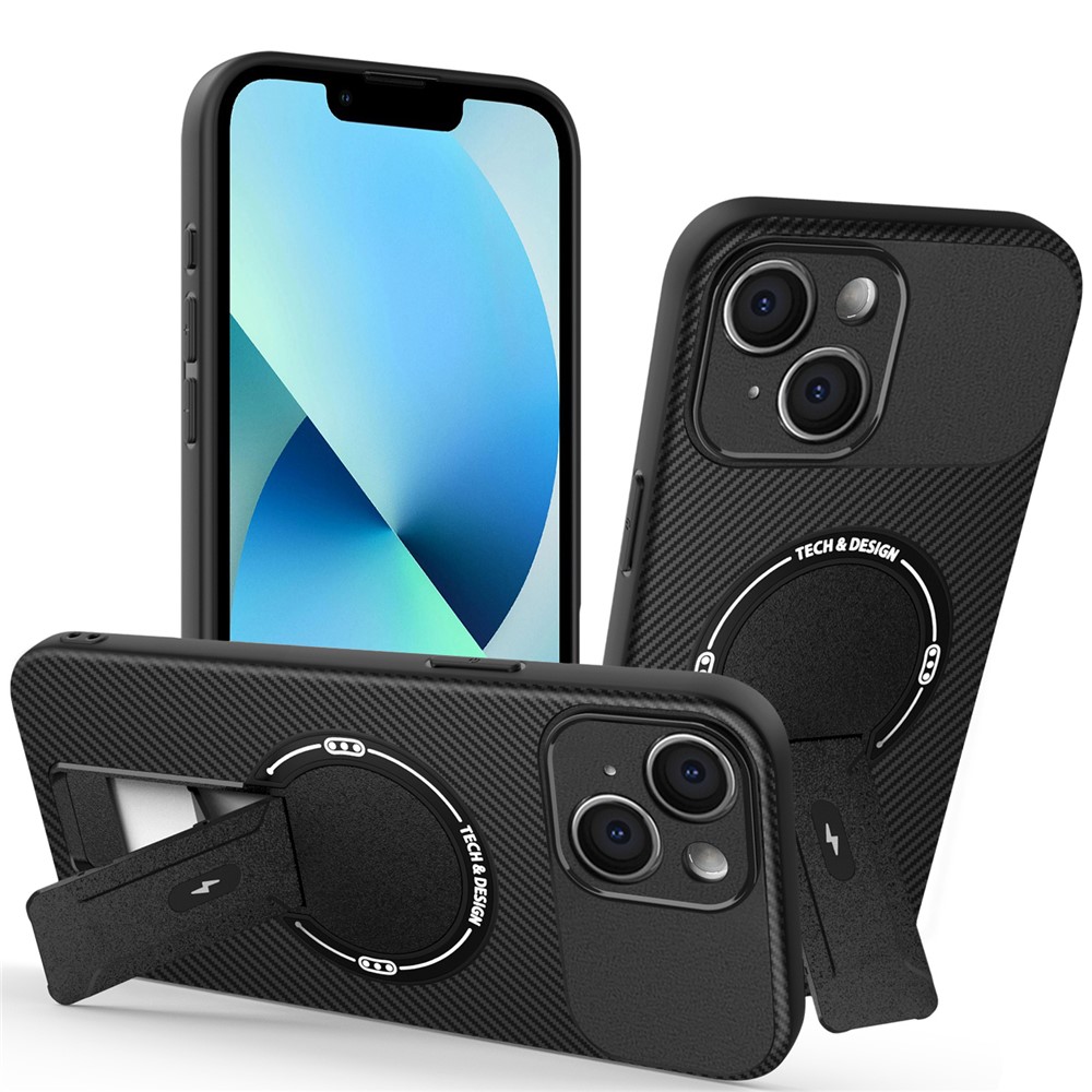 For iPhone 13 Case with Kickstand Carbon Fiber Texture PC + TPU Phone Cover - Black