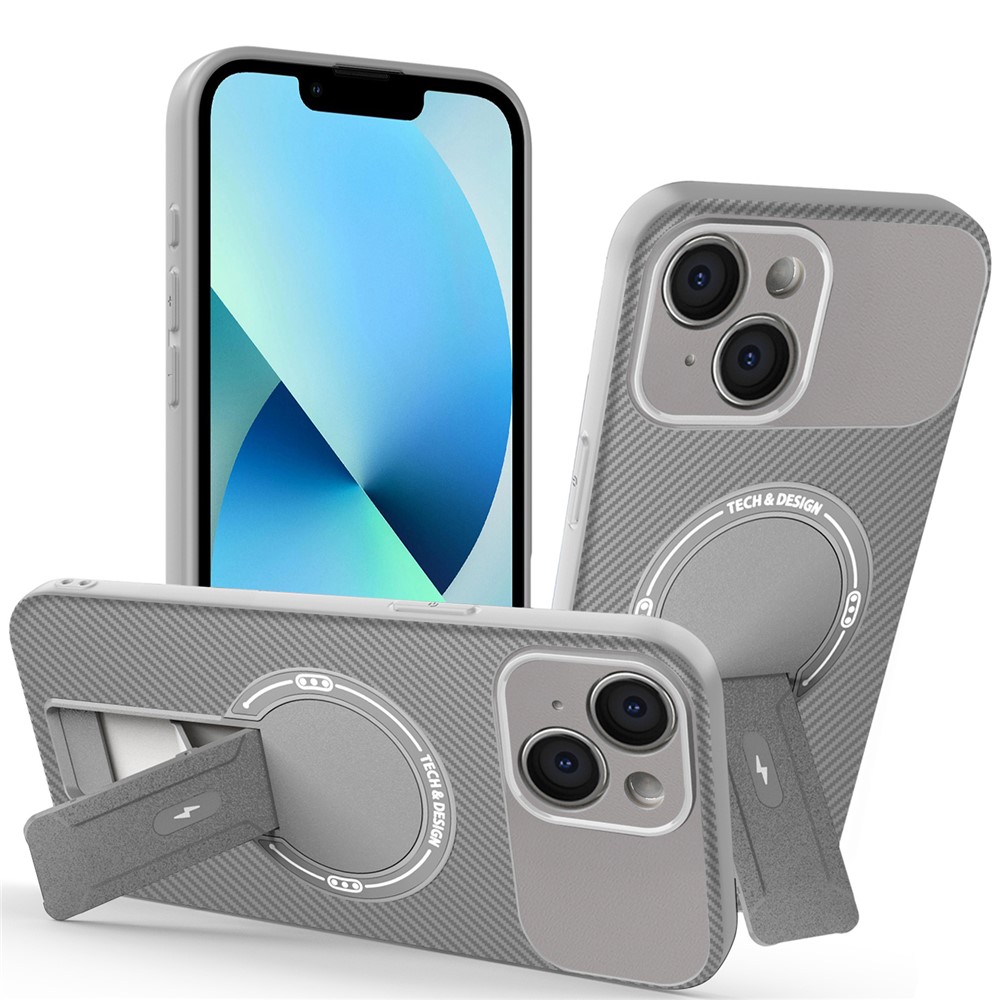 For iPhone 13 Case with Kickstand Carbon Fiber Texture PC + TPU Phone Cover - Grey