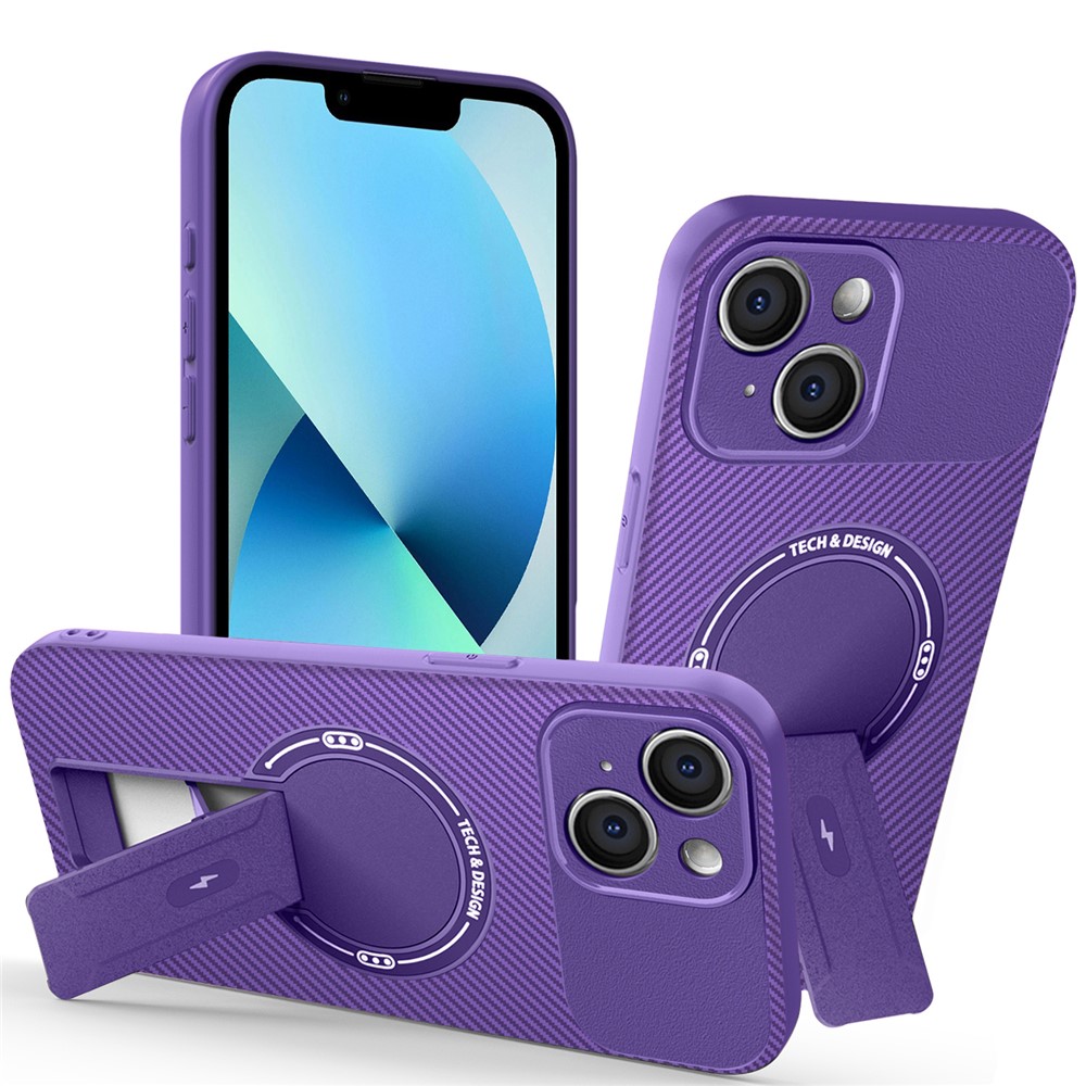 For iPhone 13 Case with Kickstand Carbon Fiber Texture PC + TPU Phone Cover - Purple