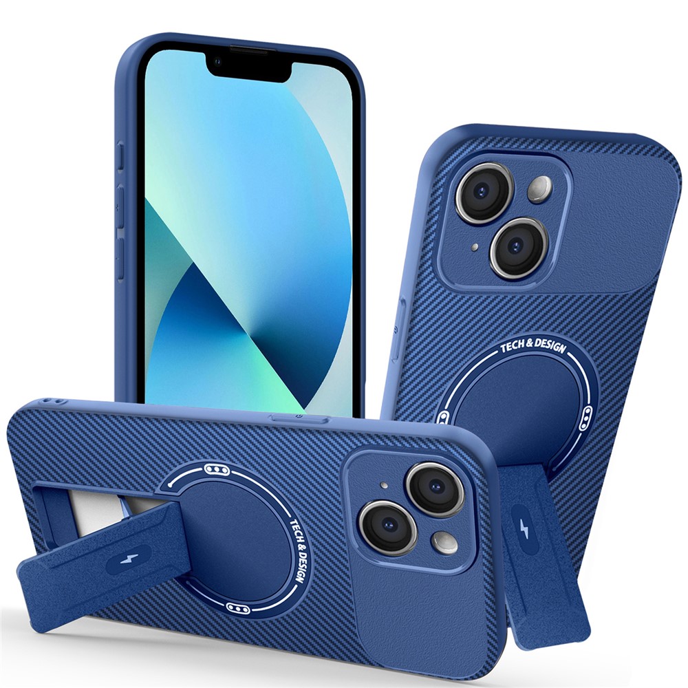 For iPhone 13 Case with Kickstand Carbon Fiber Texture PC + TPU Phone Cover - Blue