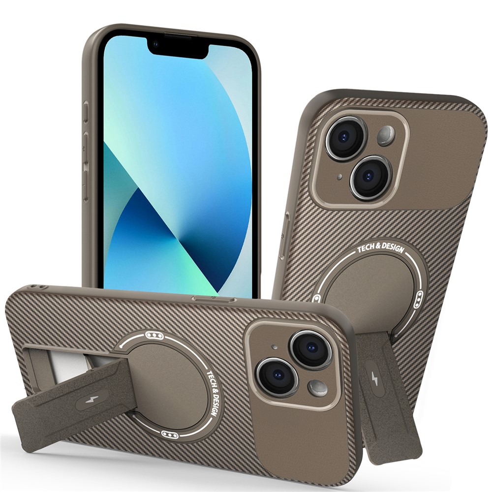 For iPhone 13 Case with Kickstand Carbon Fiber Texture PC + TPU Phone Cover - Brown