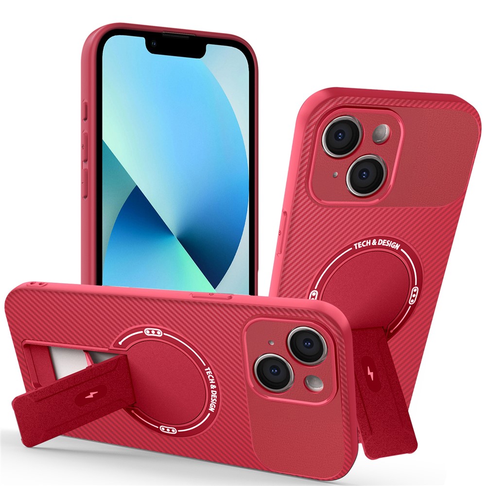 For iPhone 13 Case with Kickstand Carbon Fiber Texture PC + TPU Phone Cover - Red