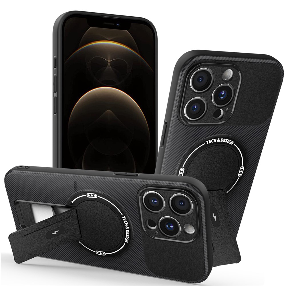 For iPhone 12 Pro Case with Kickstand Carbon Fiber Texture PC + TPU Phone Cover - Black