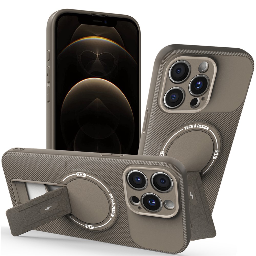 For iPhone 12 Pro Case with Kickstand Carbon Fiber Texture PC + TPU Phone Cover - Brown