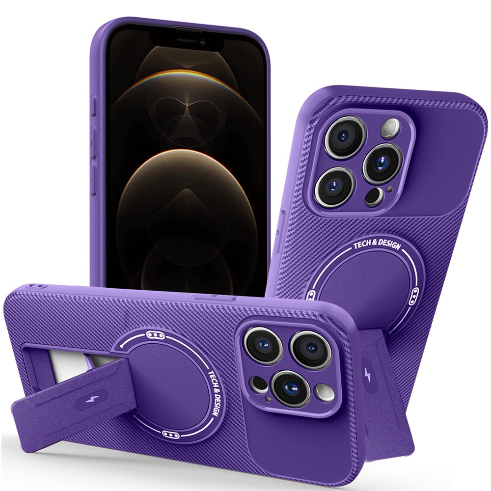 For iPhone 12 Pro Case with Kickstand Carbon Fiber Texture PC + TPU Phone Cover - Purple