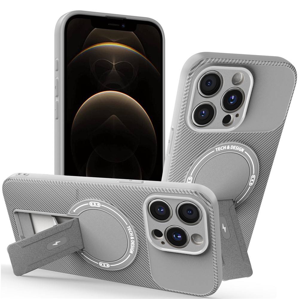 For iPhone 12 Pro Case with Kickstand Carbon Fiber Texture PC + TPU Phone Cover - Grey