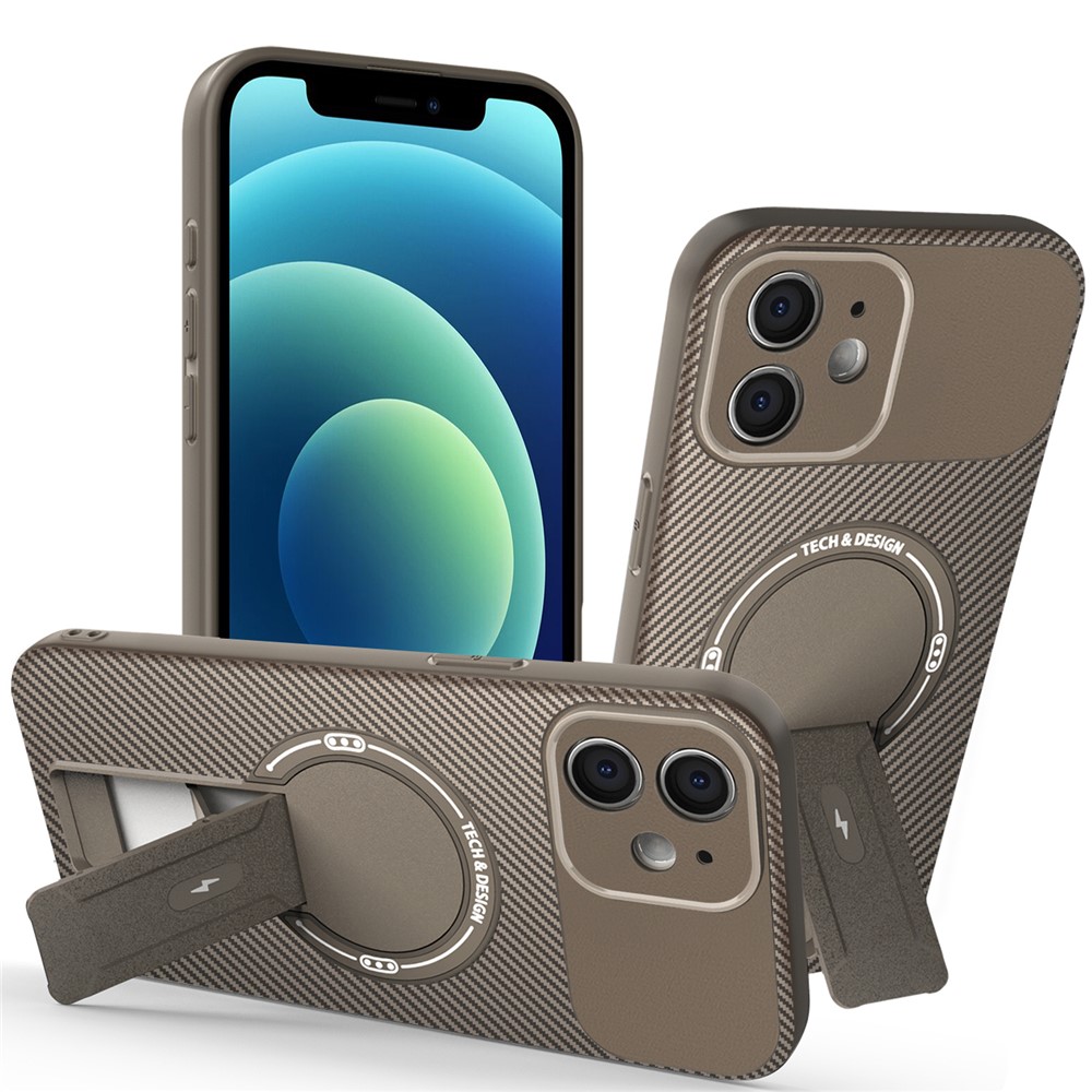 For iPhone 12 Case with Kickstand Carbon Fiber Texture PC + TPU Phone Cover - Brown