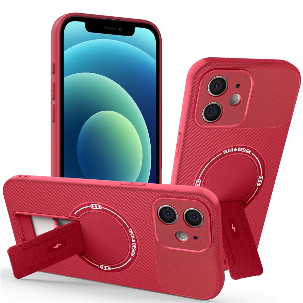 For iPhone 12 Case with Kickstand Carbon Fiber Texture PC + TPU Phone Cover - Red