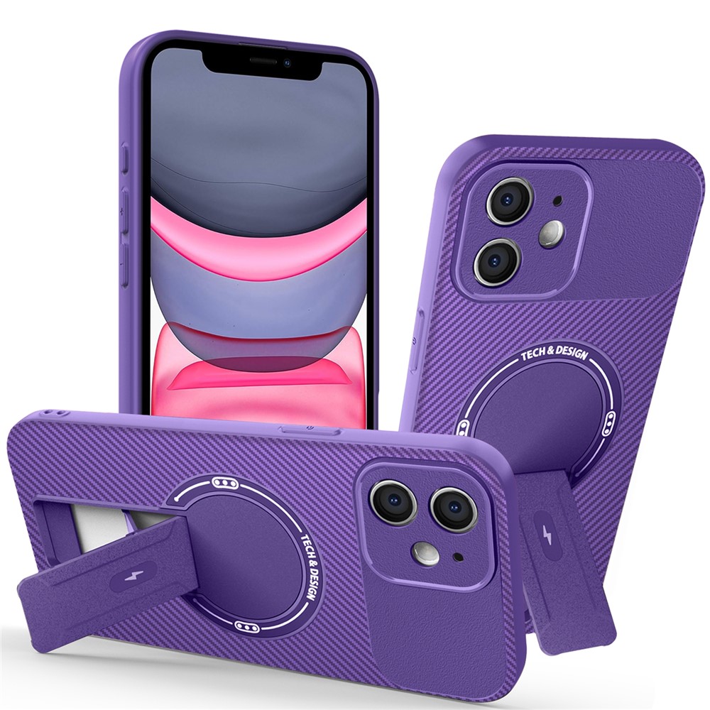 For iPhone 11 Case with Kickstand Carbon Fiber Texture PC + TPU Phone Cover - Purple